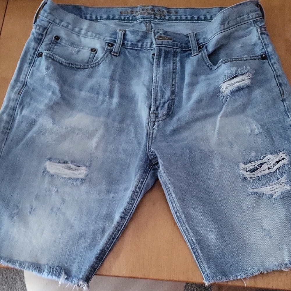Men's Light Blue Distressed Denim Shorts